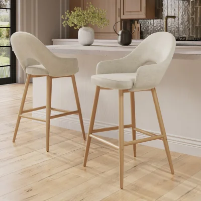 Furniture123 Set of 2 Oak and Beige Upholstered Kitchen Stools with Back - Colbie