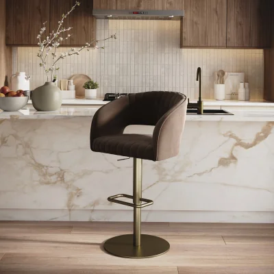 Furniture123 Curved Brown Velvet Adjustable Swivel Bar Stool with Brass Base - Runa