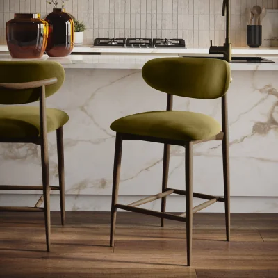 Furniture123 Walnut and Olive Green Upholstered Curved Kitchen Stool with Open Back - Kori