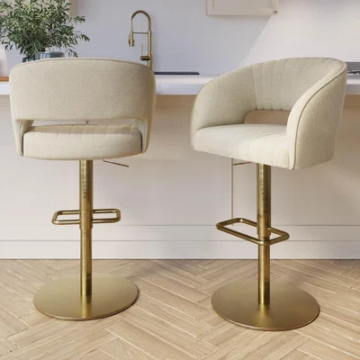 Furniture123 Set Of 2 Curved Beige Fabric Adjustable Swivel Bar Stool with Gold Base - Runa