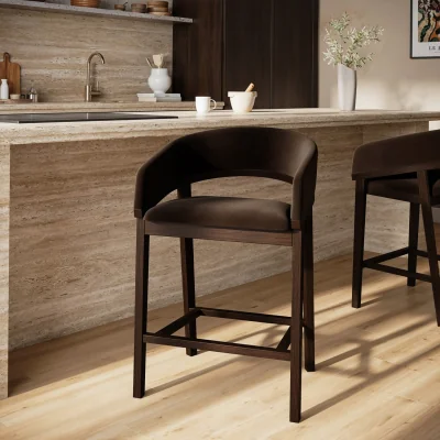 Furniture123 Walnut & Chocolate Brown Velvet Curved Kitchen Stool with Back - Owen