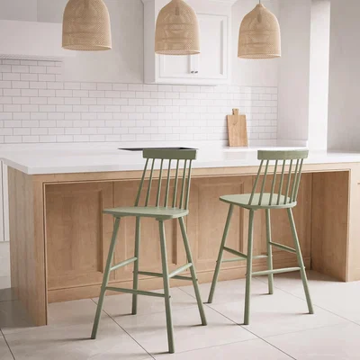 Furniture123 Set Of 2 Olive Green Wooden Kitchen Stools with Spindle Back - 66cm - Cami