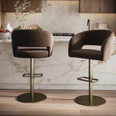 Furniture123 Set of 2 Curved Brown Velvet Adjustable Swivel Bar Stools with Brass Base - Runa