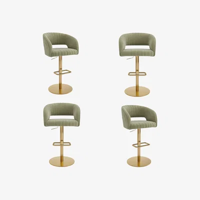 Furniture123 Set of 4 Curved Sage Green Velvet Adjustable Swivel Bar Stools with Gold Metal Base - Runa