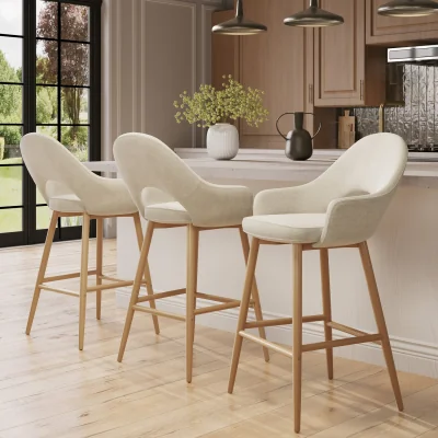 Furniture123 Set of 3 Oak and Beige Upholstered Kitchen Stools with Back - Colbie