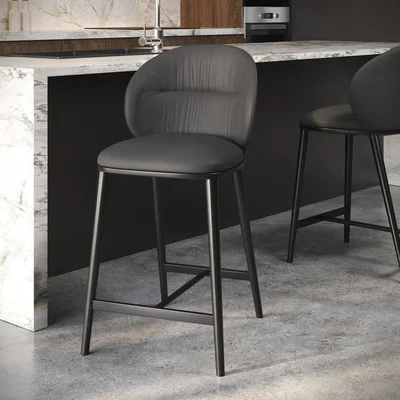 Furniture123 Charcoal Real Leather Kitchen Stool with Black Legs - Eren
