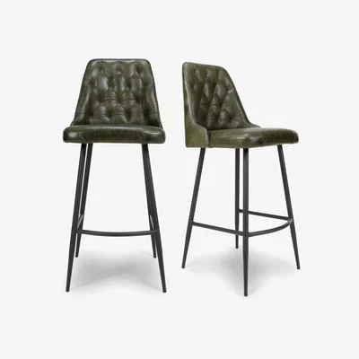 Furniture123 Set Of 2 Leather Green Kitchen Stools with Quilted back- Jaxson