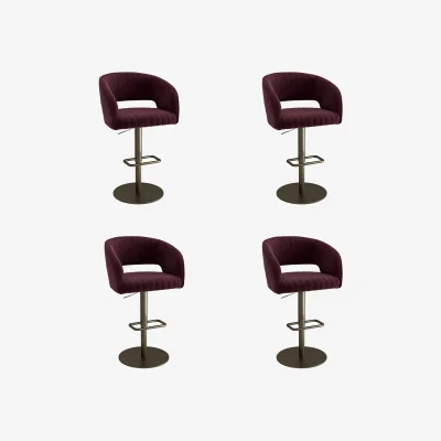 Furniture123 Set of 4 Curved Burgundy Velvet Adjustable Swivel Bar Stools with Brass Base - Runa
