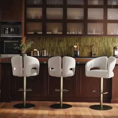 Furniture123 Set of 3 Beige Upholstered Adjustable Swivel Bar Stools with Brass Base - Azalea