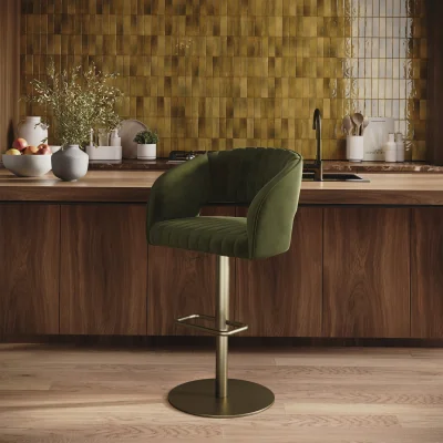 Furniture123 Curved Olive Green Velvet Adjustable Swivel Bar Stool with Brass Base - Runa