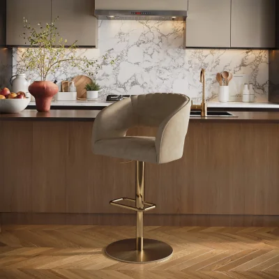 Furniture123 Curved Beige Faux Leather Adjustable Swivel Bar Stool with Gold Base - Runa