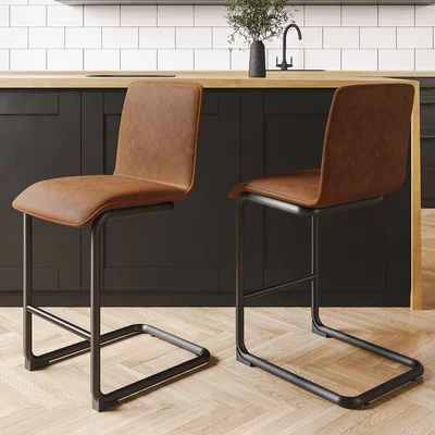 Furniture123 Set of 2 Tan Faux Leather Cantilever Kitchen Stools - Lucas