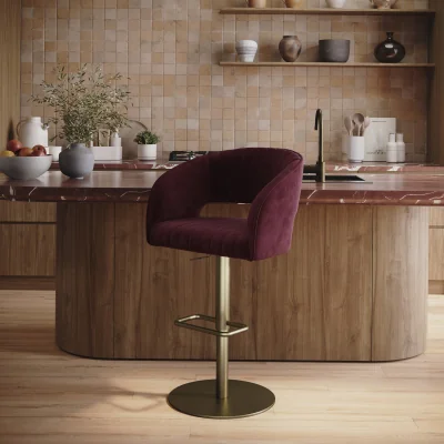 Furniture123 Curved Burgundy Velvet Adjustable Swivel Bar Stool with Brass Base - Runa