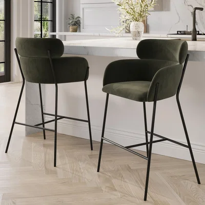 Furniture123 Set of 2 Green Velvet Curved Kitchen Stools with Back - Isla