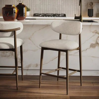 Furniture123 Walnut and Beige Upholstered Curved Kitchen Stool with Open Back - Kori