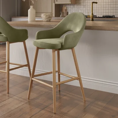 Furniture123 Oak and Sage Green Velvet Kitchen Stool with Back - Colbie