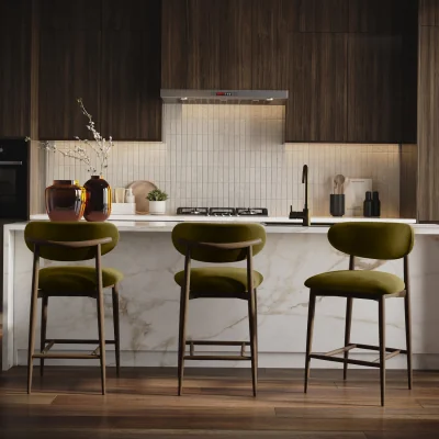 Furniture123 Set of 3 Walnut and Olive Green Upholstered Curved Kitchen Stools with Open Back - Kori