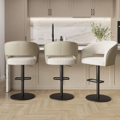Furniture123 Set of 3 Curved Beige Boucle and Faux Leather Adjustable Swivel Bar Stools with Black Metal Base - Runa