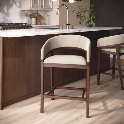 Furniture123 Walnut & Beige Upholstered Curved Kitchen Stool with Back - Owen