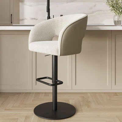 Furniture123 Curved Beige Boucle and Faux Leather Adjustable Swivel Bar Stool with Black Metal Base - Runa