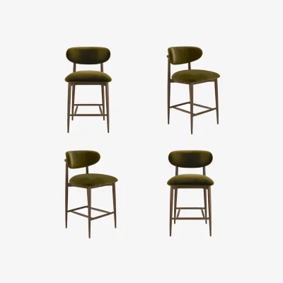 Furniture123 Set of 4 Walnut and Olive Green Upholstered Curved Kitchen Stools with Open Back - Kori