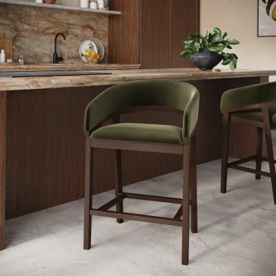Furniture123 Walnut & Olive Green Velvet Curved Kitchen Stool with Back - Owen