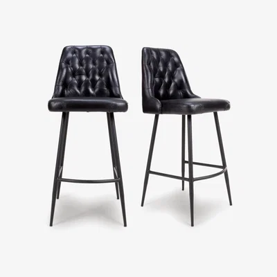 Furniture123 Set Of 2 Real Leather Black Kitchen Stools with Quilted Back - Jaxson