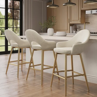 Furniture123 Set of 3 Gold and Beige Upholstered Kitchen Stools with Back - Colbie