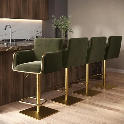Furniture123 Set of 4 Olive Green Velvet Adjustable Swivel Bar Stools with Gold Base - Sonny