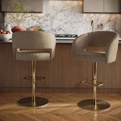 Furniture123 Set of 2 Curved Beige Faux Leather Adjustable Swivel Bar Stools with Gold Base - Runa