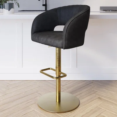 Furniture123 Curved Black Faux Leather Adjustable Swivel Bar Stool with Brass Base - Runa