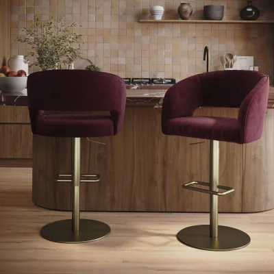 Furniture123 Set of 2 Curved Burgundy Velvet Adjustable Swivel Bar Stools with Brass Base - Runa