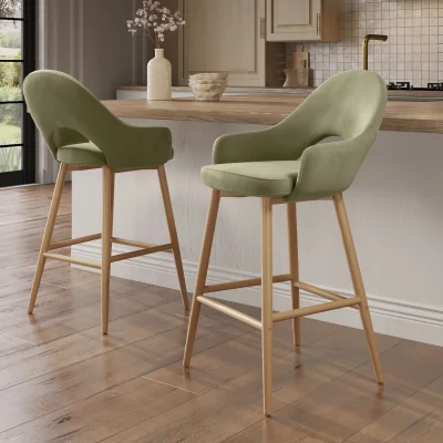 Furniture123 Set of 2 Oak and Sage Green Velvet Kitchen Stools with Back - Colbie