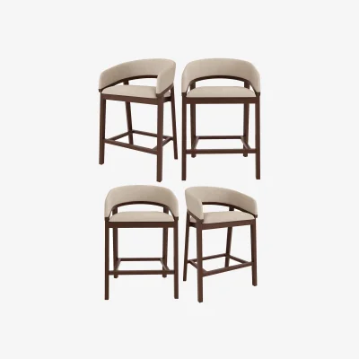 Furniture123 Set of 4 Walnut & Beige Upholstered Curved Kitchen Stools with Backs - Owen