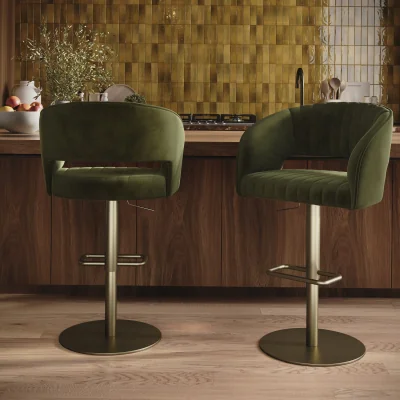 Furniture123 Set of 2 Curved Olive Green Velvet Adjustable Swivel Bar Stools with Brass Base - Runa