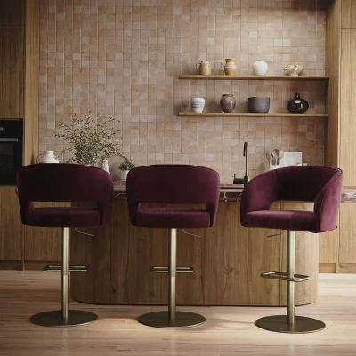 Furniture123 Set of 3 Curved Burgundy Velvet Adjustable Swivel Bar Stools with Brass Base - Runa