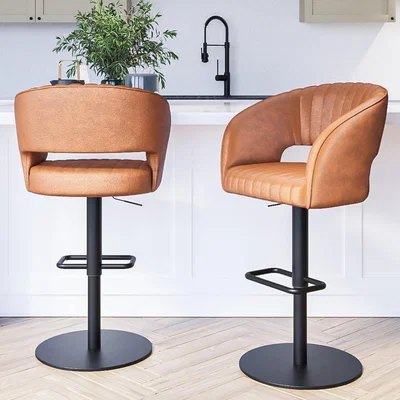 Furniture123 Set of 2 Curved Tan Faux Leather Adjustable Swivel Bar Stools with Back - Runa