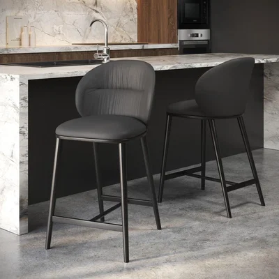 Furniture123 Set of 2 Charcoal Real Leather Kitchen Stools with Black Legs - Eren