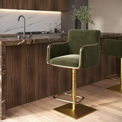Furniture123 Olive Green Velvet Adjustable Swivel Bar Stool with Gold Base - Sonny