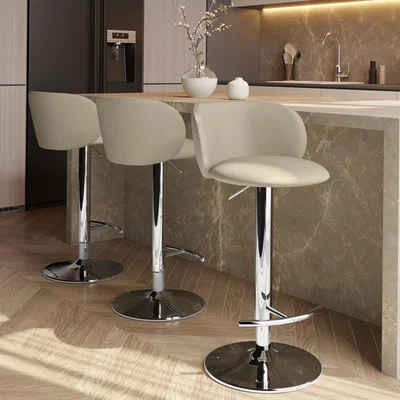 Furniture123 Set of 3 Beige Faux Leather Adjustable Swivel Bar Stools with Chrome Base - Tessa