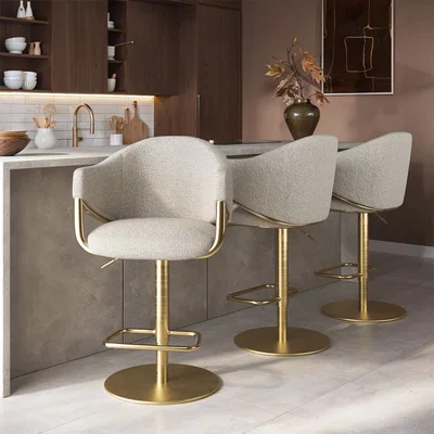 Furniture123 Set of 3 Beige Upholstered Adjustable Swivel Bar Stools with Gold Base - Ronnie