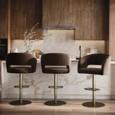 Furniture123 Set of 3 Curved Brown Velvet Adjustable Swivel Bar Stools with Brass Base - Runa