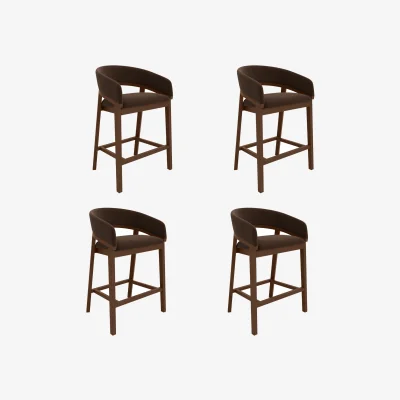 Furniture123 Set of 4 Walnut & Chocolate Brown Velvet Curved Kitchen Stools with Back - Owen