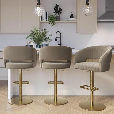 Furniture123 Set of 3 Curved Mink Matt Velvet Adjustable Swivel Bar Stool with Gold Base - Runa