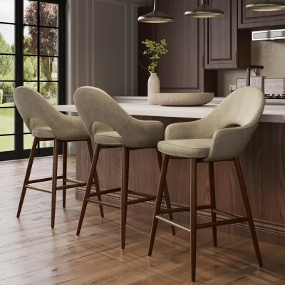 Furniture123 Set of 3 Walnut and Beige Faux Leather Kitchen Stools with Back - Colbie