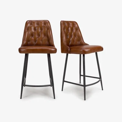 Furniture123 Set Of 2 Real Leather Tan Kitchen Stools with Quilted Back - Jaxson