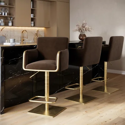 Furniture123 Set of 3 Brown Velvet Adjustable Swivel Bar Stools with Gold Base - Sonny