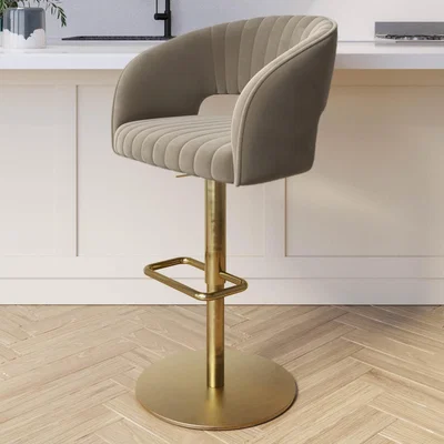 Furniture123 Curved Mink Matt Velvet Adjustable Swivel Bar Stool with Gold Base - Runa