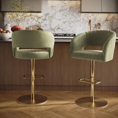 Furniture123 Set of 2 Curved Sage Green Velvet Adjustable Swivel Bar Stools with Gold Metal Base - Runa