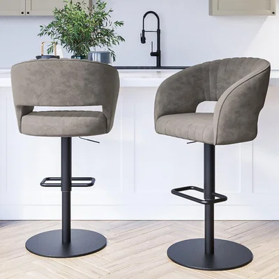 Furniture123 Set of 2 Curved Dove Grey Faux Leather Adjustable Swivel Bar Stools with Backs - Runa